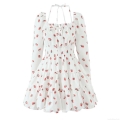 Women Strawberry Print Off Shoulder Puff Long Sleeve Mini Dress Ruffle Layered Hem Smocked Waist Pastoral Style Sweet Short Dresses