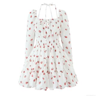 Women Strawberry Print Off Shoulder Puff Long Sleeve Mini Dress Ruffle Layered Hem Smocked Waist Pastoral Style Sweet Short Dresses