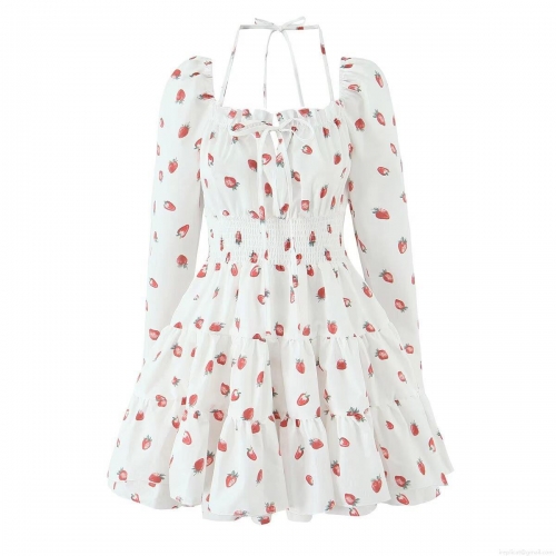 Women Strawberry Print Off Shoulder Puff Long Sleeve Mini Dress Ruffle Layered Hem Smocked Waist Pastoral Style Sweet Short Dresses