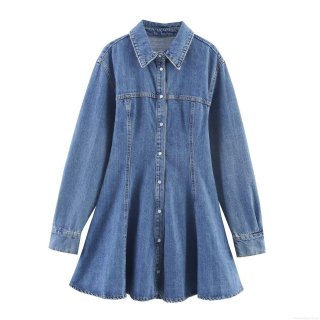 Women's Denim Shirt Dress Lapel Single Breasted Long Sleeve Mini Dress Autumn Western Style Streetwear Casual Royal Blue Jean Dresses For Women Trendy Outfits