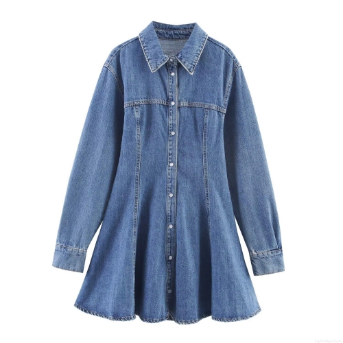 Women's Denim Shirt Dress Lapel Single Breasted Long Sleeve Mini Dress Autumn Western Style Streetwear Casual Royal Blue Jean Dresses For Women Trendy Outfits