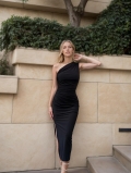 Sexy One Shoulder Knit Maxi Dress For Women Ruched High Split Bodycon Gown Solid Black Sleeveless Polyester Elastane Long Dress For Evening Party Banquet
