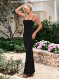Elegant Black Spaghetti Strap Maxi Dress Sexy Backless Square Neck Slim Fit Fishtail Evening Party Formal Long Dress Polyester Elastane Blend