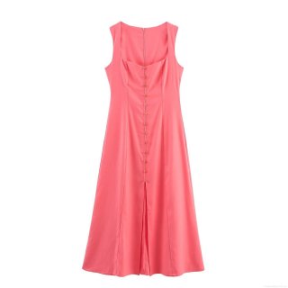Women's Square Neck Sleeveless Single Breasted Midi Dress Polyester Blend Slit Hem Streetwear Casual Party Rose Pink