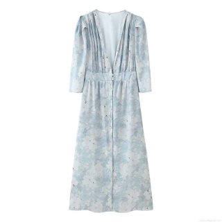 Women Elegant Floral Print Midi Dress Chic V Neck Puff Sleeve Waist Tie Button Up Polyester Streetwear Dress For Daily Dating Party