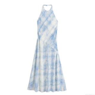 Women Halter Neckless Backless Tie Dye Midi Dress 95% Polyester Blue White Gradient Sleeveless A-Line Sling Dress For Summer Vacation Party Streetwear Fashion