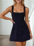 Elegant Square Neck Sleeveless Mini Dress for Women High Waist Bodycon Short Skirt with Decorative Pocket Flaps Polyester Blend Commuter Party Sun Dress