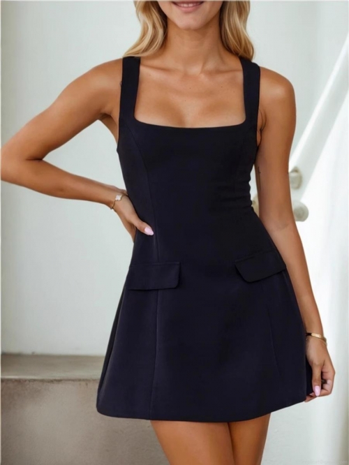 Elegant Square Neck Sleeveless Mini Dress for Women High Waist Bodycon Short Skirt with Decorative Pocket Flaps Polyester Blend Commuter Party Sun Dress