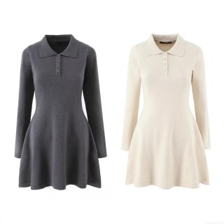 Women's Knitted Dress Long Sleeve Polo Collar Button Front Slim Waist A-Line Mini Dress Solid Color Autumn Casual Office Streetwear Polyester Blend Ladies Fashion Clothing