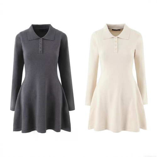 Women's Knitted Dress Long Sleeve Polo Collar Button Front Slim Waist A-Line Mini Dress Solid Color Autumn Casual Office Streetwear Polyester Blend Ladies Fashion Clothing