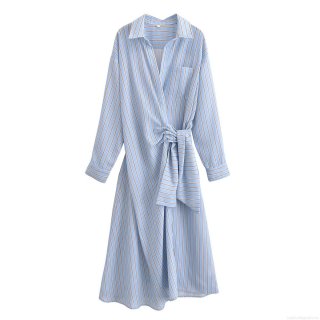 Women's Striped Lapel Long Sleeve Shirt Dress Elegant Tie Waist Midi Dress 100% Polyester Street Style Commuter Dress For Lady
