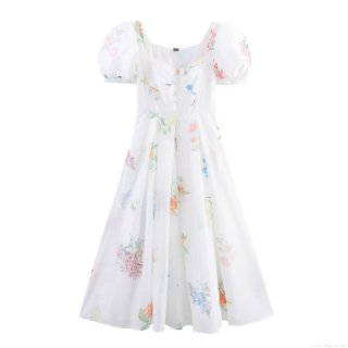 Women's French Retro Floral Print Midi Dress Square Neck Puff Sleeve Chiffon Polyester Dress Summer Casual Beach Vacation A-Line Dress