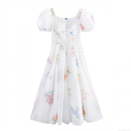 Women's French Retro Floral Print Midi Dress Square Neck Puff Sleeve Chiffon Polyester Dress Summer Casual Beach Vacation A-Line Dress
