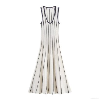 Women's Sexy U-Neck Sleeveless Stripe Knitted Dress Casual Elegant Vertical Striped Midi A-Line Knit Dress For Streetwear Party Office