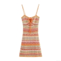 Women's Sexy Colorful Crochet Knit Mini Camisole Dress Sleeveless Hollow Out Bohemian Bodycon Striped Spliced Beach Vacation Party Sundress
