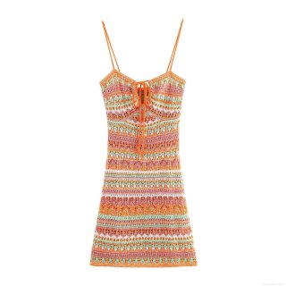 Women's Sexy Colorful Crochet Knit Mini Camisole Dress Sleeveless Hollow Out Bohemian Bodycon Striped Spliced Beach Vacation Party Sundress