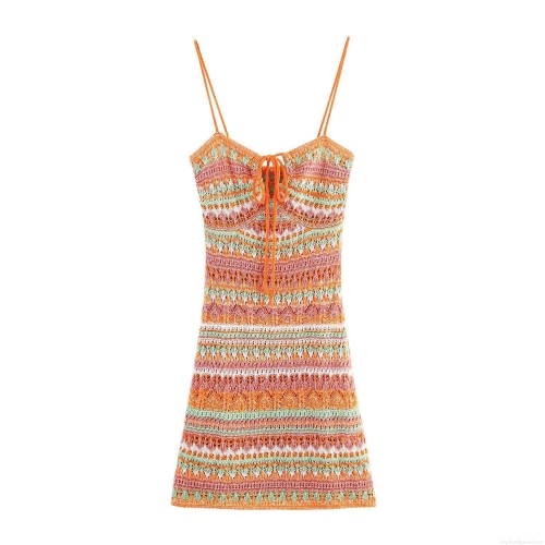 Women's Sexy Colorful Crochet Knit Mini Camisole Dress Sleeveless Hollow Out Bohemian Bodycon Striped Spliced Beach Vacation Party Sundress
