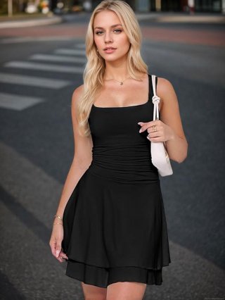 Women's Elegant Black Square Neck Bodycon Mini Dress Sleeveless Ruched High Waist Polyester Elastane Sexy Tight Party Clubwear Dress for Summer