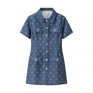 Women's Denim Style Short Sleeve Dress Bow Knot Print Lapel Mini Dress With Rhinestone Buttons Western Slim Fit Summer Autumn Dress