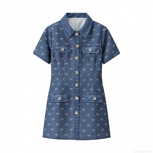 Women's Denim Style Short Sleeve Dress Bow Knot Print Lapel Mini Dress With Rhinestone Buttons Western Slim Fit Summer Autumn Dress