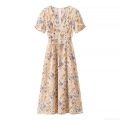 Women's Elegant V Neck Floral Print Midi Dress Short Sleeve Boho A-Line Dress With Waist Tie Back Zipper Soft Polyester Casual Dress For Party Vacation