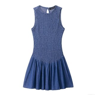 Women's Round Neck Sleeveless Smocked A-Line Mini Dress Solid Color Denim Texture Streetwear Casual Fashion Summer Autumn Outfit