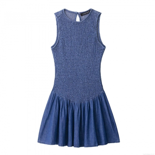 Women's Round Neck Sleeveless Smocked A-Line Mini Dress Solid Color Denim Texture Streetwear Casual Fashion Summer Autumn Outfit