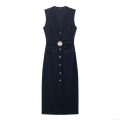 Women's Sleeveless Midi Dress Single-Breasted Belted Solid Navy Blue Elegant Office Wear Formal Street Style Vest Dress For Autumn