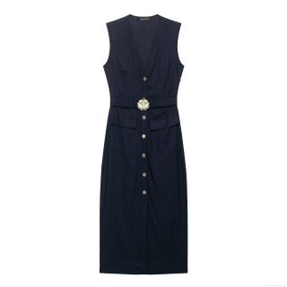 Women's Sleeveless Midi Dress Single-Breasted Belted Solid Navy Blue Elegant Office Wear Formal Street Style Vest Dress For Autumn