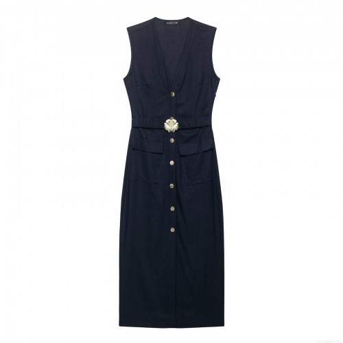 Women's Sleeveless Midi Dress Single-Breasted Belted Solid Navy Blue Elegant Office Wear Formal Street Style Vest Dress For Autumn