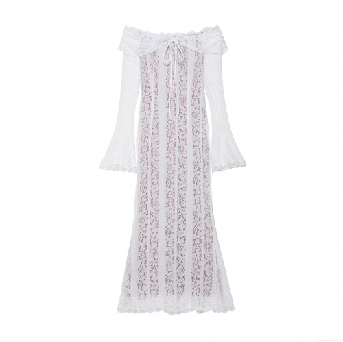 Women Elegant Off Shoulder Lace Maxi Dress Long Bell Sleeves Bodycon Mermaid Party Gown Floral Crochet Slim Fit Formal Evening Dress White Polyester