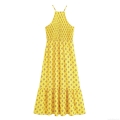 Bohemian Yellow Geometric Diamond Print Halter Backless Smocked Maxi Dress Women Summer Sleeveless Ruffle Hem Beach Holiday Long Dress Polyester
