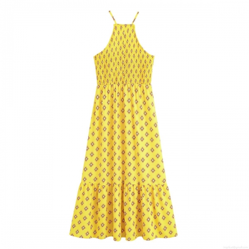 Bohemian Yellow Geometric Diamond Print Halter Backless Smocked Maxi Dress Women Summer Sleeveless Ruffle Hem Beach Holiday Long Dress Polyester