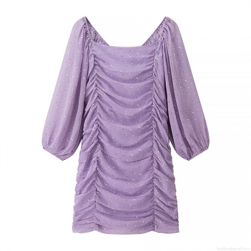 Women's Autumn Lavender Purple Floral Print Bodycon Mini Dress With Ruched Front Square Neck Puff Long Sleeve 100% Polyester Chiffon Dress For Party Streetwear