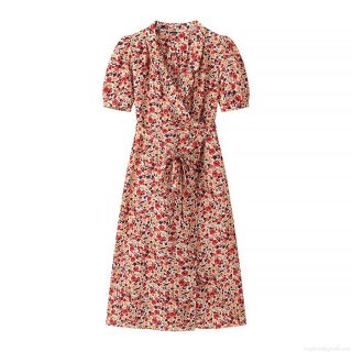 Women's Vintage Floral V-Neck Short Sleeve Midi Dress With Belt Retro 65% Cotton Blend Wrap A-Line Sundress For Summer Casual Vacation