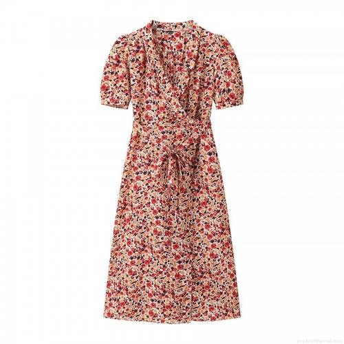 Women's Vintage Floral V-Neck Short Sleeve Midi Dress With Belt Retro 65% Cotton Blend Wrap A-Line Sundress For Summer Casual Vacation