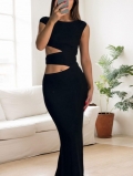 Elegant One Shoulder Cut Out Bodycon Maxi Dress Women Sexy Hollow Out Sleeveless High Waist Knit Evening Party Dress 95% Polyester 5% Elastane Long Dress