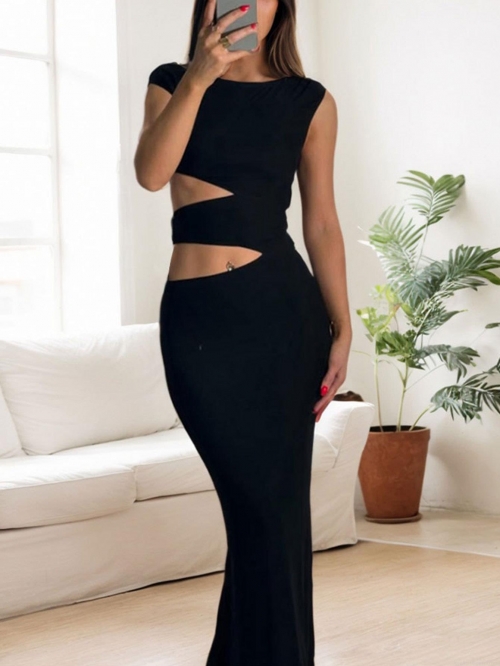 Elegant One Shoulder Cut Out Bodycon Maxi Dress Women Sexy Hollow Out Sleeveless High Waist Knit Evening Party Dress 95% Polyester 5% Elastane Long Dress