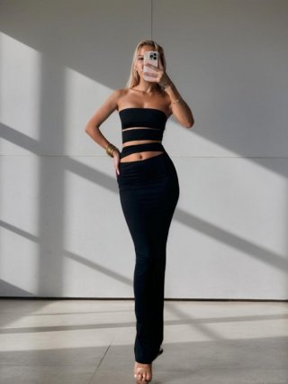 Sexy Strapless Cutout Bodycon Maxi Dress Polyester Elastane Stretch Knit Long Dress For Women Summer Club Party Evening Nightwear Slim Fit Chic Streetwear