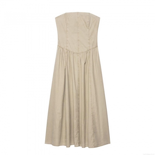 Women's Strapless Tube Maxi Dress Khaki Solid Color Backless A-Line Evening Gown For Party Streetwear Sexy Elegant Fashion Lady Autumn Apparel