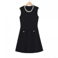Women's Elegant Knitted Sleeveless Mini Dress With Pearl Beaded Round Neck Viscose Nylon Knit A-Line Short Dress With Dual Pockets For Party Ladies Black Dress