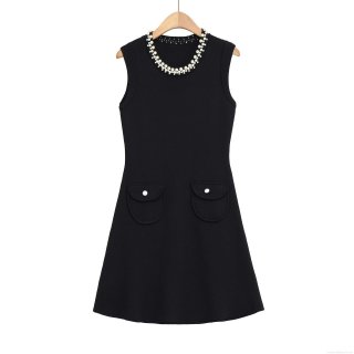 Women's Elegant Knitted Sleeveless Mini Dress With Pearl Beaded Round Neck Viscose Nylon Knit A-Line Short Dress With Dual Pockets For Party Ladies Black Dress