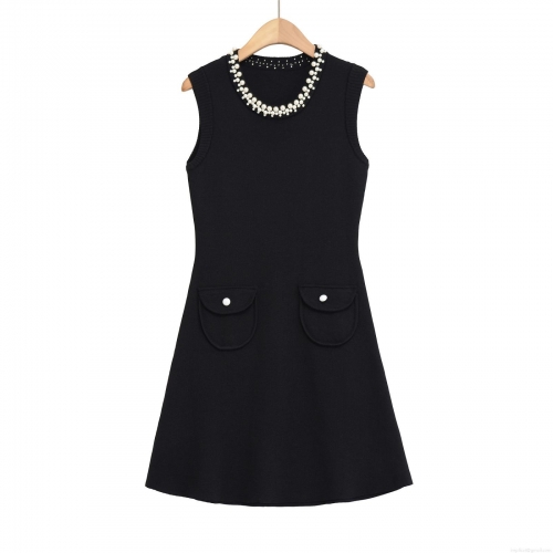 Women's Elegant Knitted Sleeveless Mini Dress With Pearl Beaded Round Neck Viscose Nylon Knit A-Line Short Dress With Dual Pockets For Party Ladies Black Dress