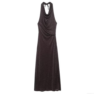 Women's Halterneck Backless Metallic Lurex Dress Sexy Cowl Neck Tie-up Shiny Polyester Maxi Dress For Evening Party Clubwear Street Style