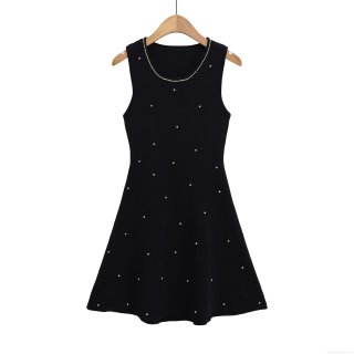 Women's Sexy Sleeveless Knit Mini Dress Elegant Rhinestone Studded Round Neck A-Line Bodycon Knitted Party Clubwear Streetwear Dress