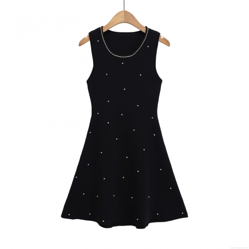 Women's Sexy Sleeveless Knit Mini Dress Elegant Rhinestone Studded Round Neck A-Line Bodycon Knitted Party Clubwear Streetwear Dress