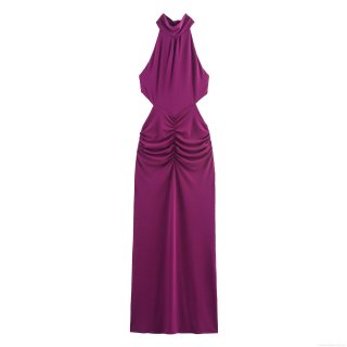 Women's Sexy Backless Halter Neck Purple Maxi Dress Pleated Ruched Cutout Bodycon Long Dress Elegant Evening Party Clubwear Street Style Sleeveless Dress