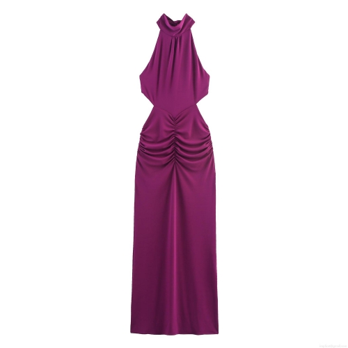 Women's Sexy Backless Halter Neck Purple Maxi Dress Pleated Ruched Cutout Bodycon Long Dress Elegant Evening Party Clubwear Street Style Sleeveless Dress