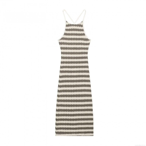 Sexy Backless Striped Knitted Midi Dress Women Halter V Neck Cross Strappy Sleeveless Club Party Wear Street Style With Gold Lurex Polyester
