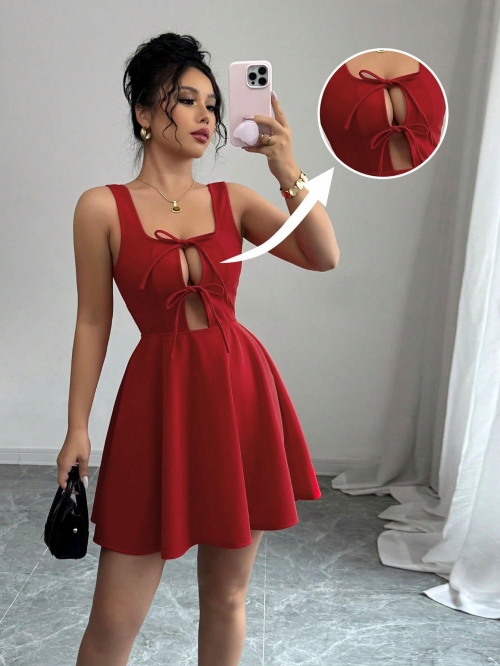 Women Sexy Red Mini Dress 100% Polyester Hollow Out Bow Tie A-Line Sleeveless Strap Party Clubwear Dress